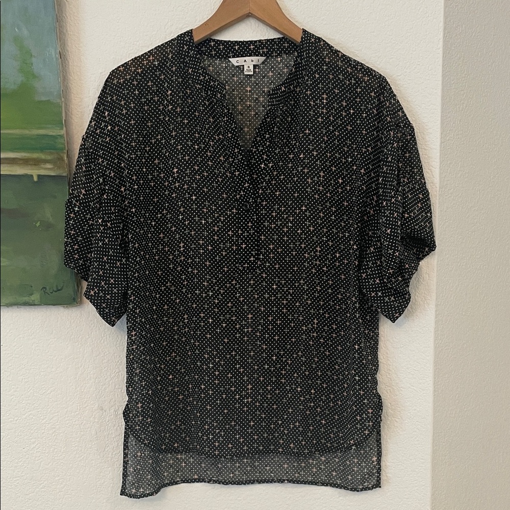 CAbi Black Blouse with White and Pink Dots